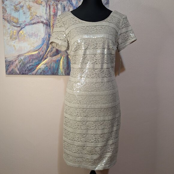 NEW Donna Ricco Knee-Length Sheath Dress, Cap Sleeve Taupe Lace & Sequin Overlay - Picture 2 of 15
